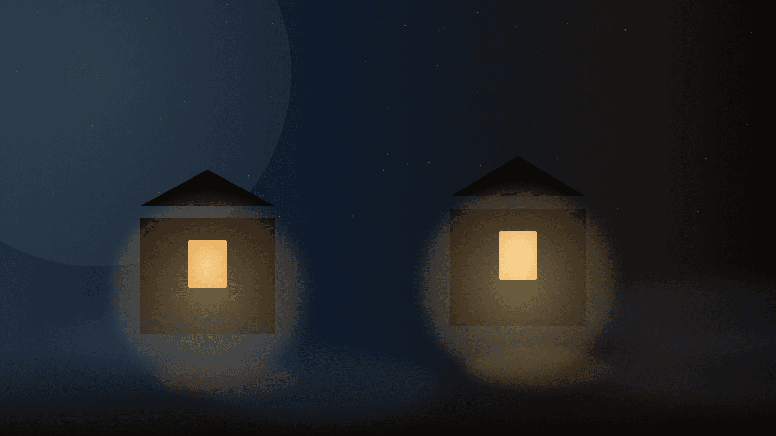 夜の静けさの中に並ぶ、2つの暖かい窓の灯り。同じ夜に同じように起きている誰かがいることを示唆する情景。